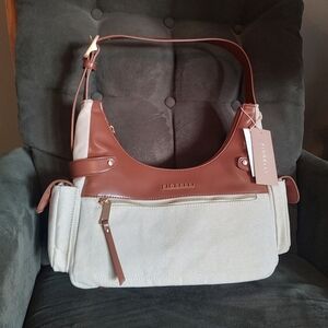 Fiorelli Canvas Purse Bag Faux Leather Beige Brown Shoulder